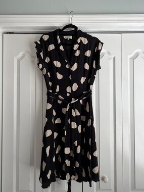 Hobbs London Black and Cream Polka Dot Belted Dress